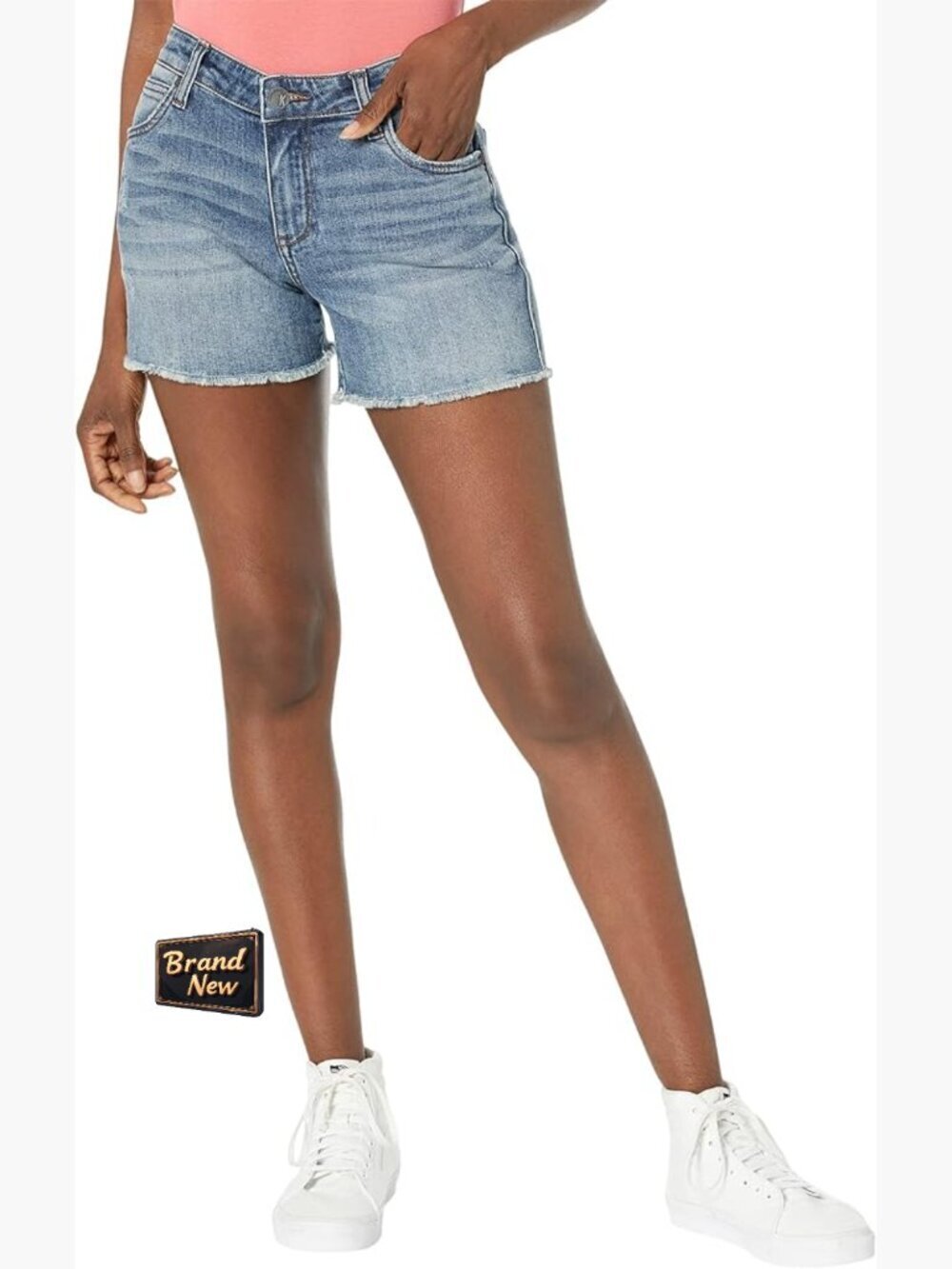 High-Waist Denim Shorts - Frayed Hem, 4 Pockets
